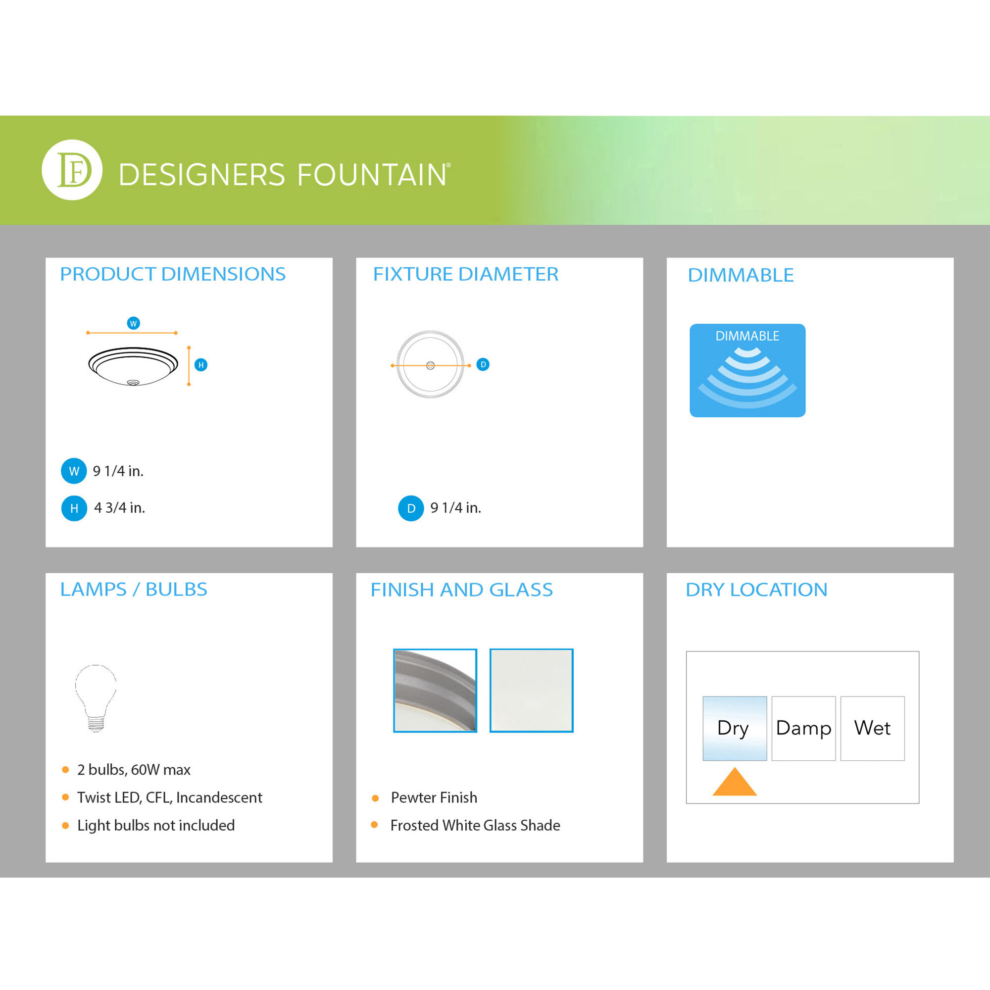 Basic 2 Light 9 inch Pewter Flushmount Ceiling Light